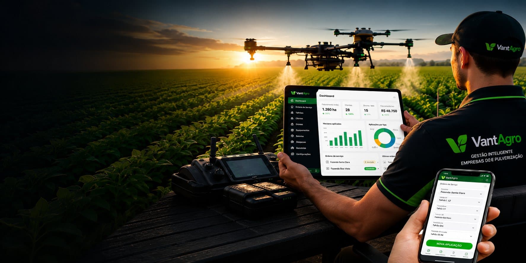 Drone de pulverização sobrevoando a lavoura com o painel VantAgro